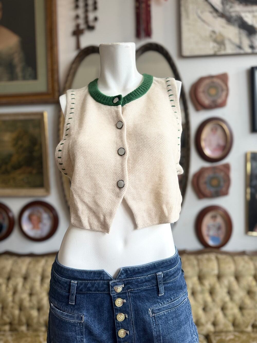 FP Cream and Green Wool Button up Sweater Vest Ladies Size Medium